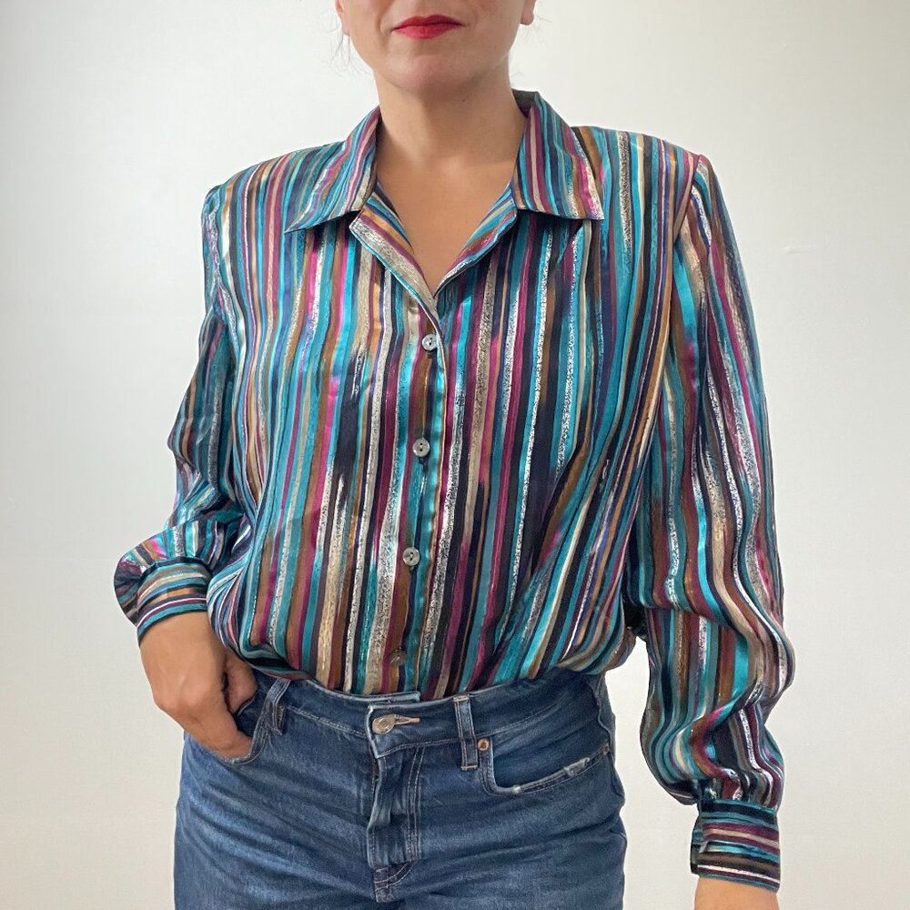 Vintage 80s / ALIA Multicolored Striped Shimmery Button Up Shirt - Size L
